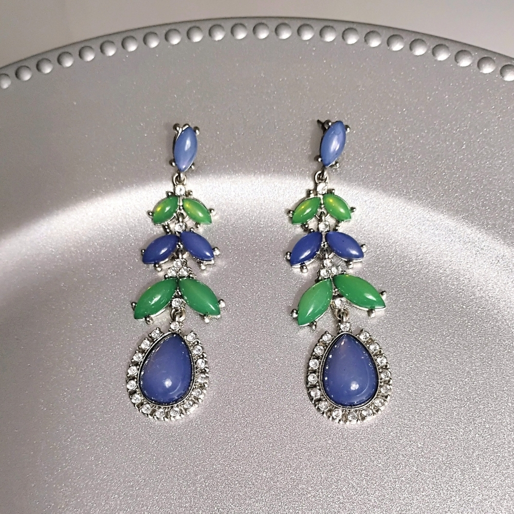 Stone Drop Dangle Blue Green Earrings with Rhinestones